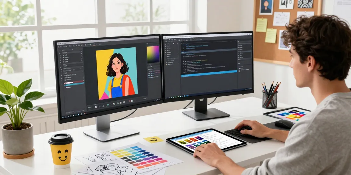 Designer using Banana Nano AI image editor in a vibrant digital workspace, showcasing creativity and technology.