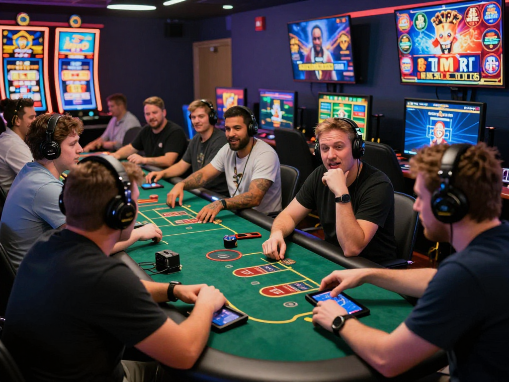 Giocatori coinvolti in emozionante esperienza di casino non aams online, con schermi luminosi di giochi di poker e slot, atmosfera dinamica e coinvolgente.