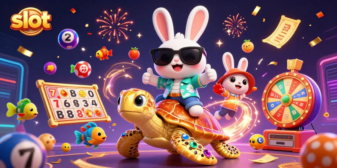 Play exciting slot games with the lucky rabbit and golden turtle in this vibrant casino illustration.