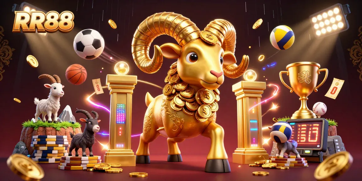 Bet on RR88 with a 3D illustration of a golden ram charging through a gateway surrounded by sports elements.