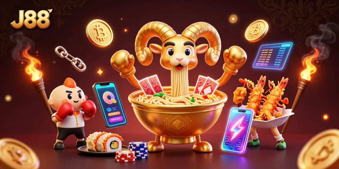 Engage with J88 in this vibrant casino scene featuring playful characters and dynamic betting elements.