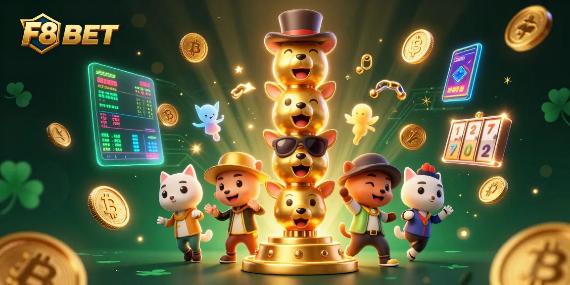 Experience the thrill of F8BET with vibrant totem characters and dynamic casino elements swirling around.