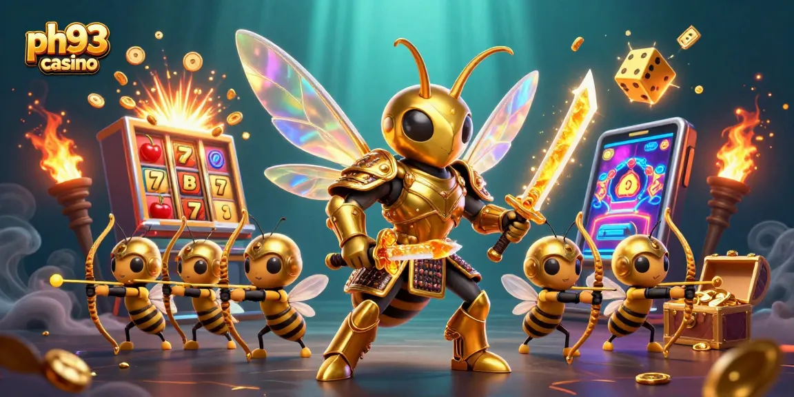 Play and win at ph33 casino as a giant golden hornet wields katana amidst slot machines and gold.