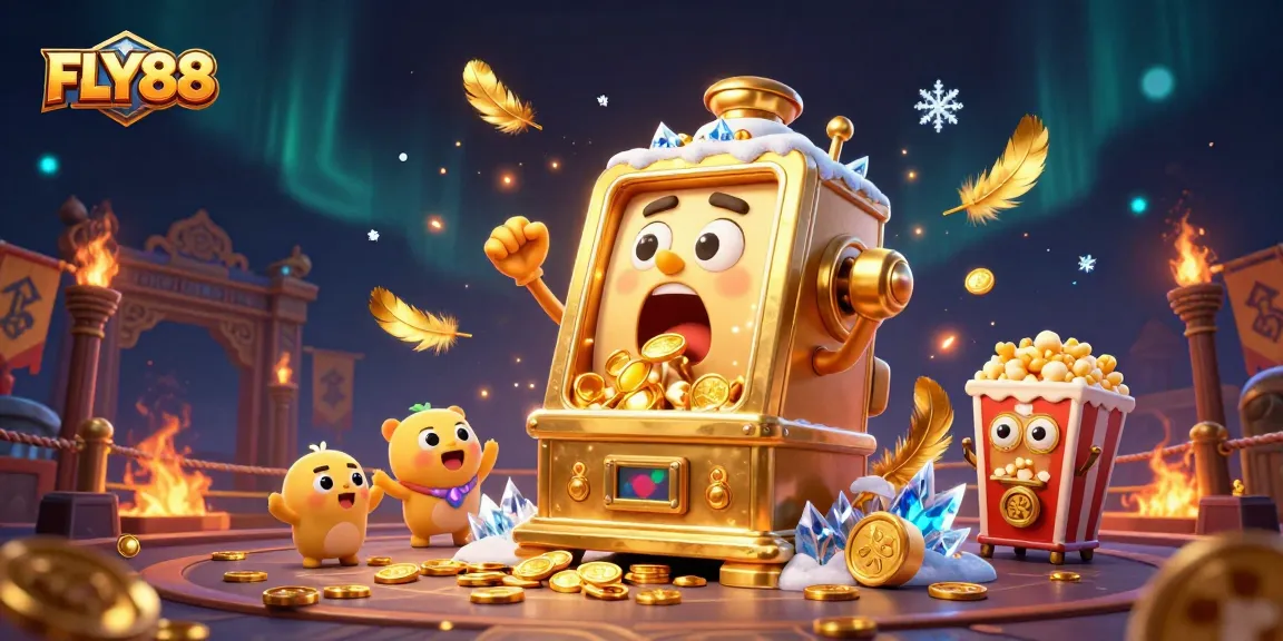 FLY88 slot machine winning with coins pouring out, celebrating its jackpot in a vibrant casino scene
