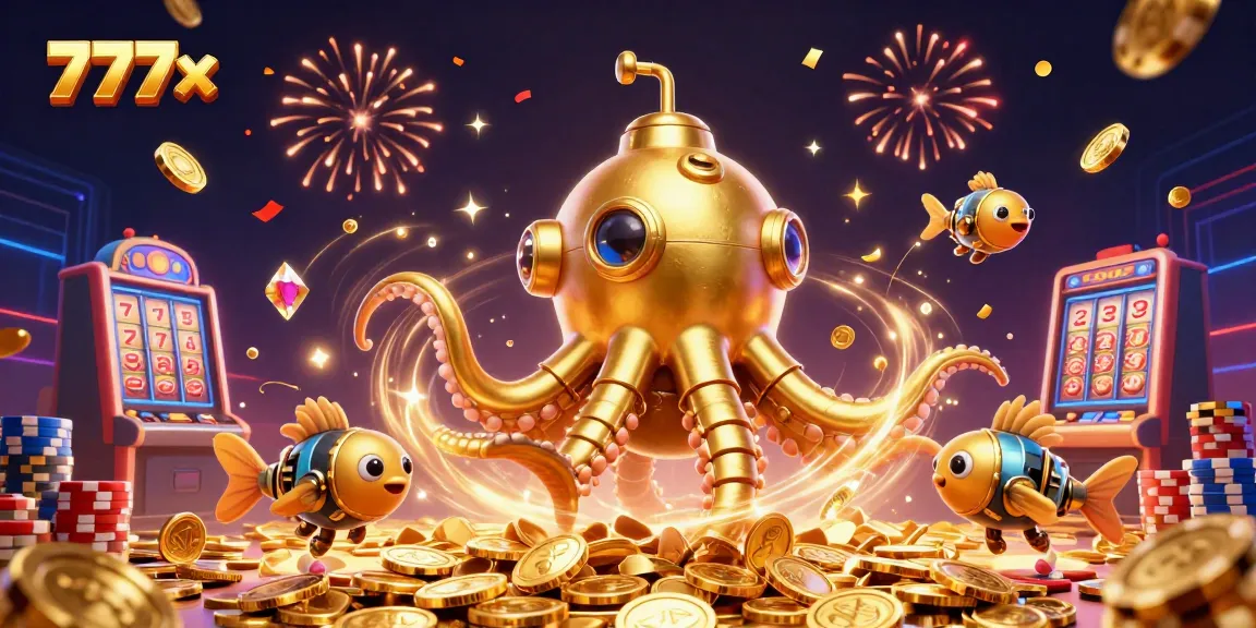 Experience the thrill of 777x with a dynamic casino scene featuring golden kraken and casino elements.