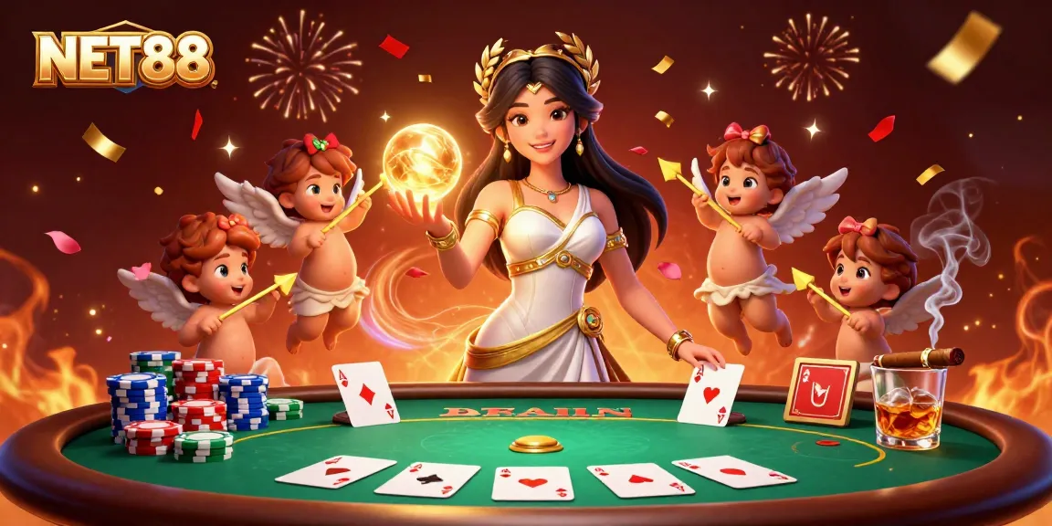 Experience NET88's thrilling atmosphere with a goddess and playful Cupids at a vibrant poker table.