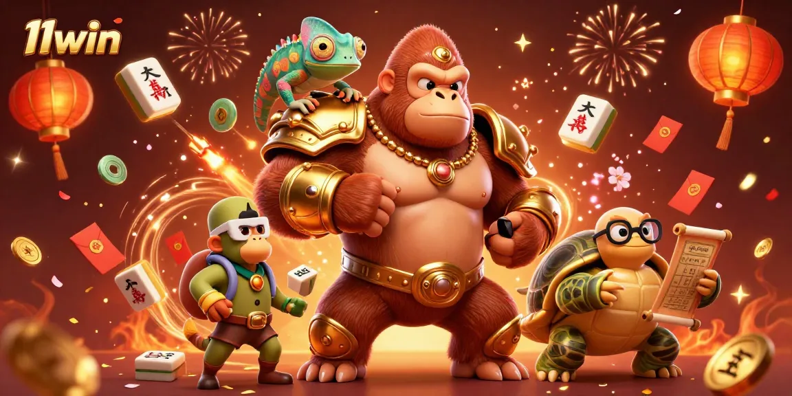Experience excitement at 11win with a vibrant casino scene featuring a gorilla king and lucky symbols.