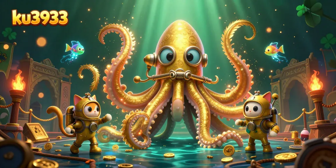 Engage in exciting gaming adventures with ku3933, featuring a kraken and diving cat in a treasure-rich scene.