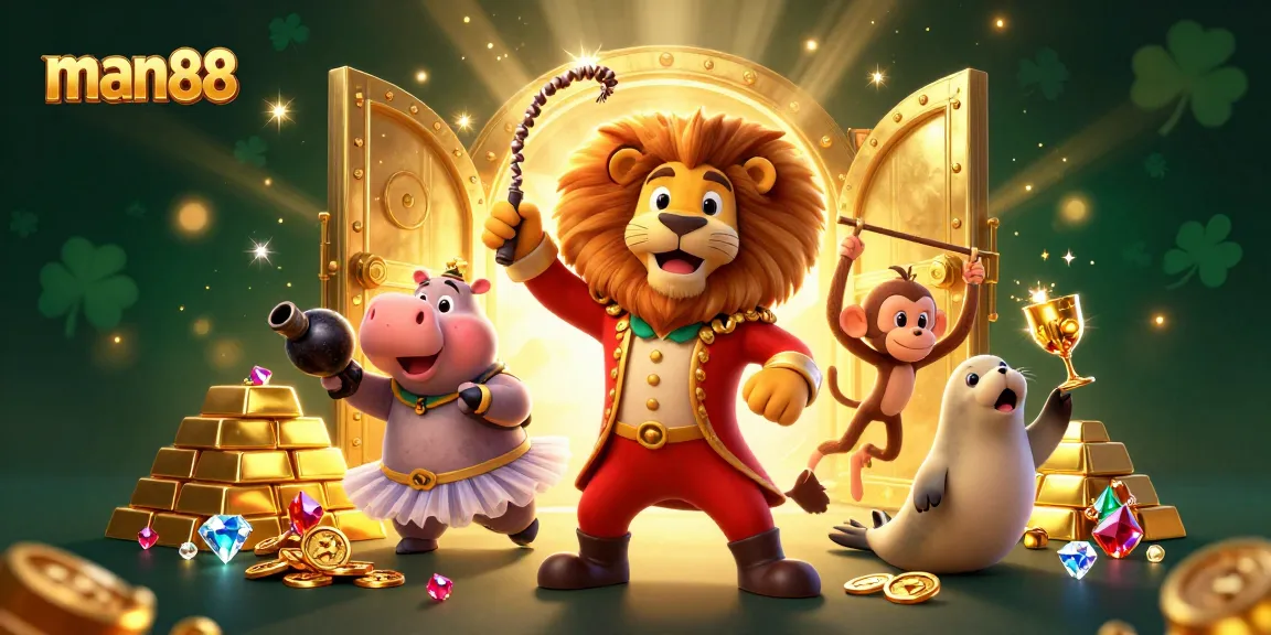 Engaging scene with man88 circus characters celebrating casino excitement and jackpots.