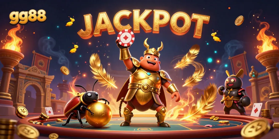 Experience the excitement of gg88 as a 3D cartoon hercules beetle wins in a lively casino atmosphere.