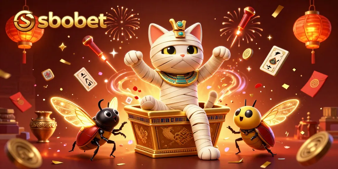 Experience sbobet betting excitement with a vibrant mummy cat and glowing games in a dynamic casino scene.