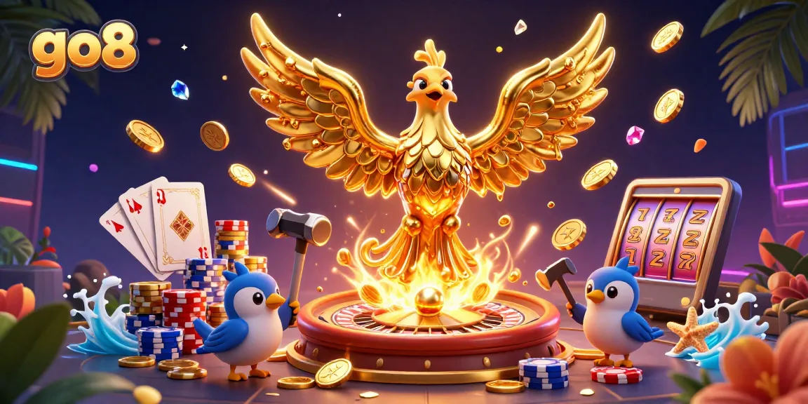 Experience thrilling wins at go8 with a golden phoenix emerging from a forge, surrounded by cascading coins and casino elements.