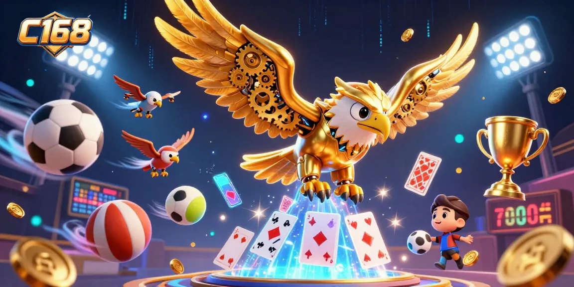 Engage with C168's vibrant online gaming scene featuring a diving golden eagle amidst sports-themed elements.