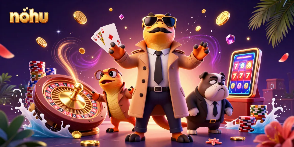 Nohu raptors in a trench coat sneak into a casino lounge amid vibrant casino elements.