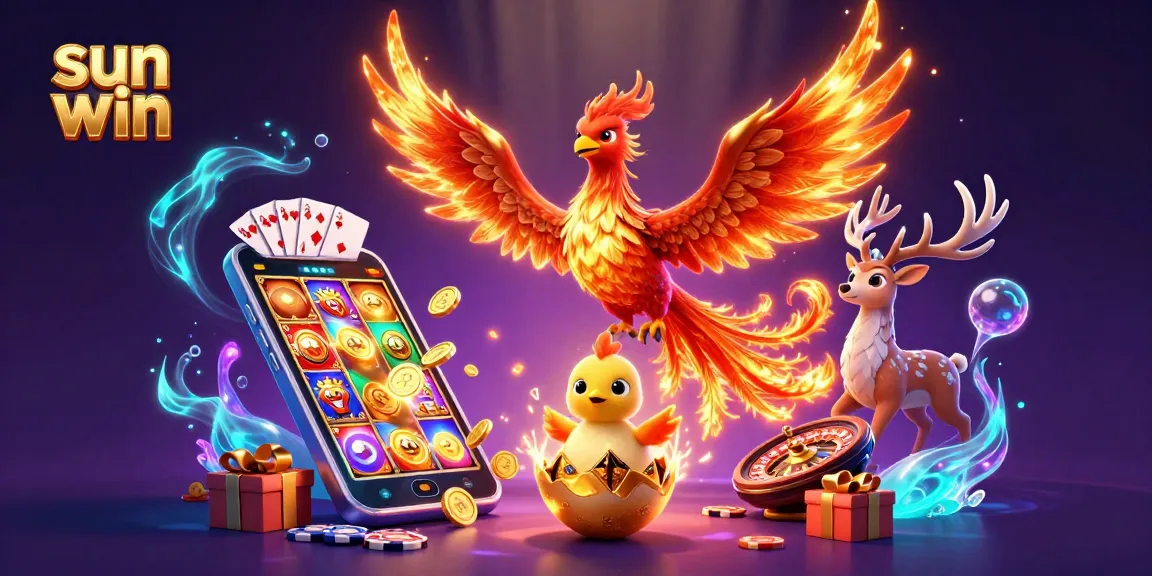 Spin and win at Sun Win with a vibrant 3D illustration featuring a majestic phoenix and dynamic gaming elements.