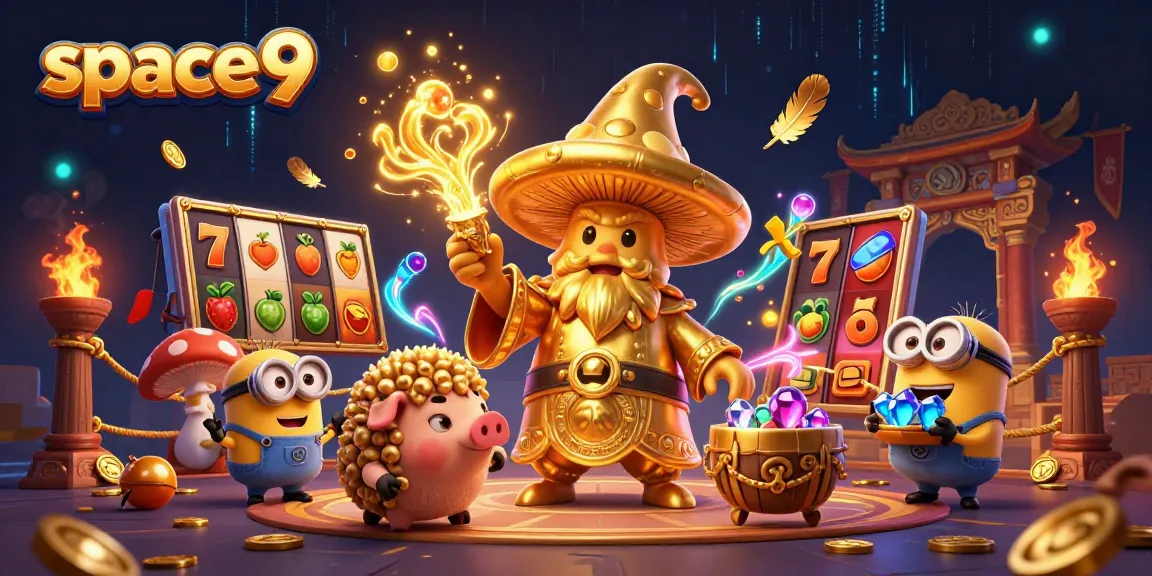 Play exciting games at space9, featuring vibrant illustrations of a magical casino scene.