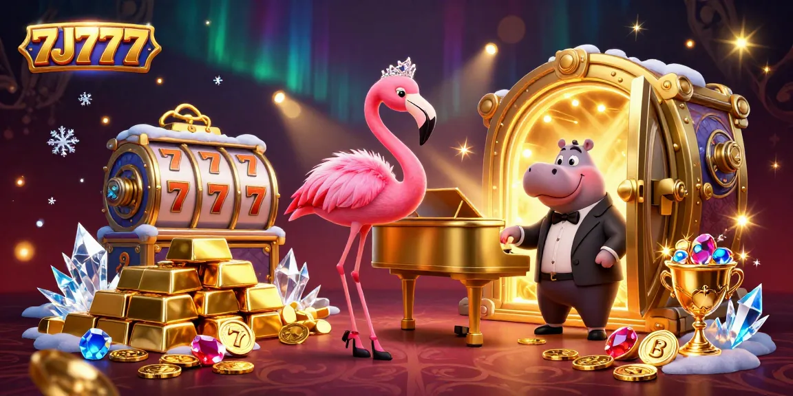 Experience the thrill of 7J777 with lively casino characters and vibrant slot elements in a dazzling scene.