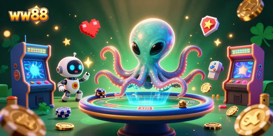 Experience thrilling gameplay at ww88 with an alien octopus at a holographic poker table surrounded by exciting gaming elements.