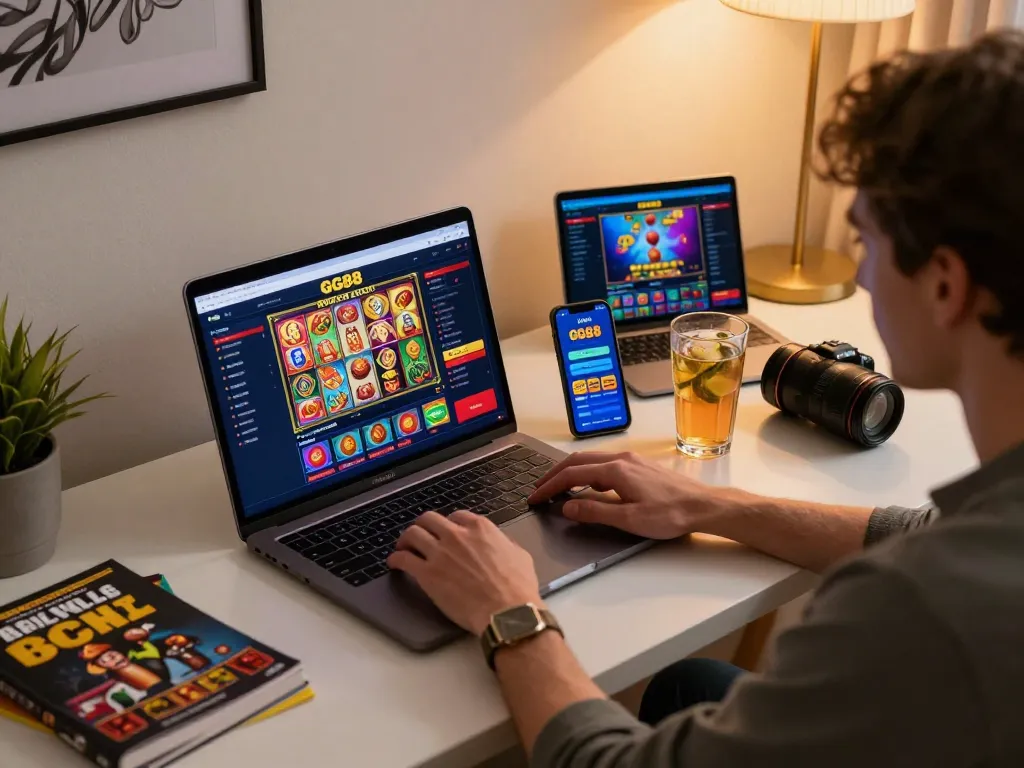 Engaging in online gaming with GG88 slot Link displayed on smartphone in cozy home setup.