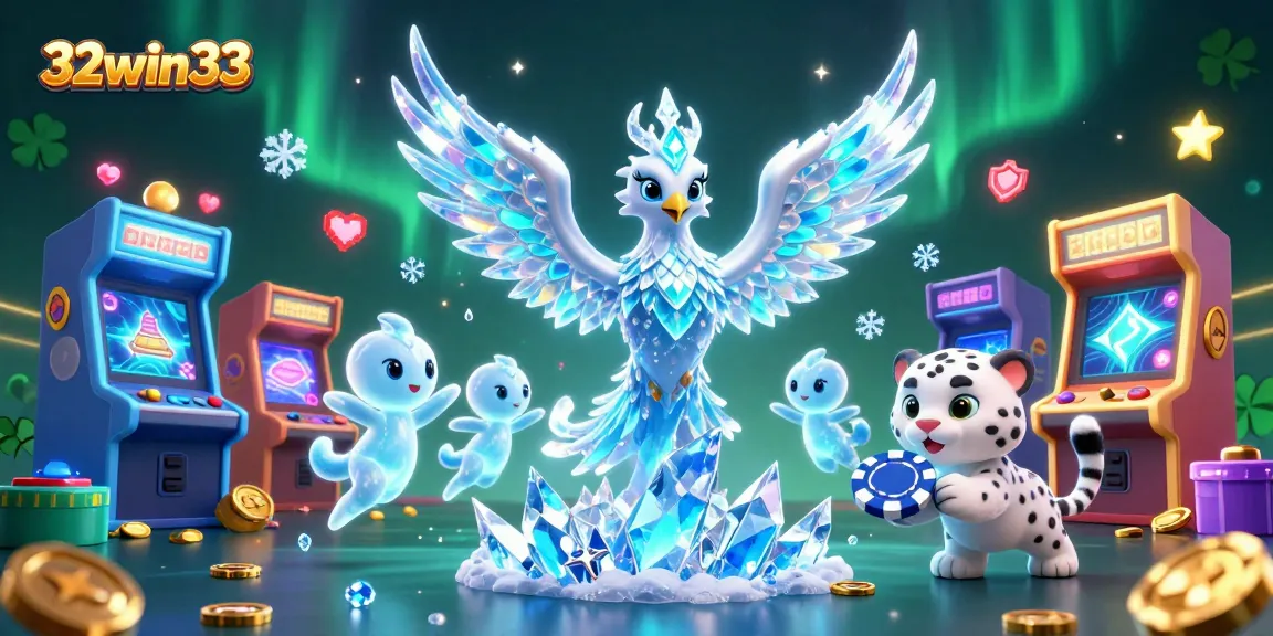 Experience thrilling gaming at 32win33 with an ice phoenix and playful snow leopard in a vibrant casino scene.