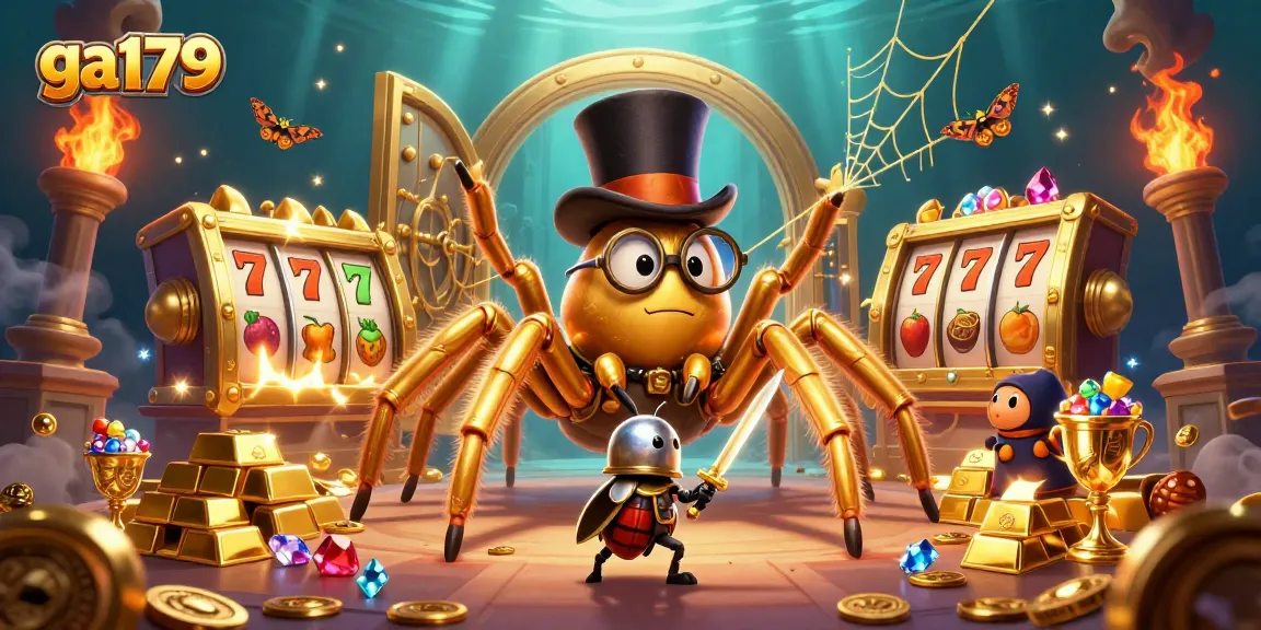 Engage in thrilling gameplay at ga179 with a giant golden tarantula weaving fortune amidst slot symbols.