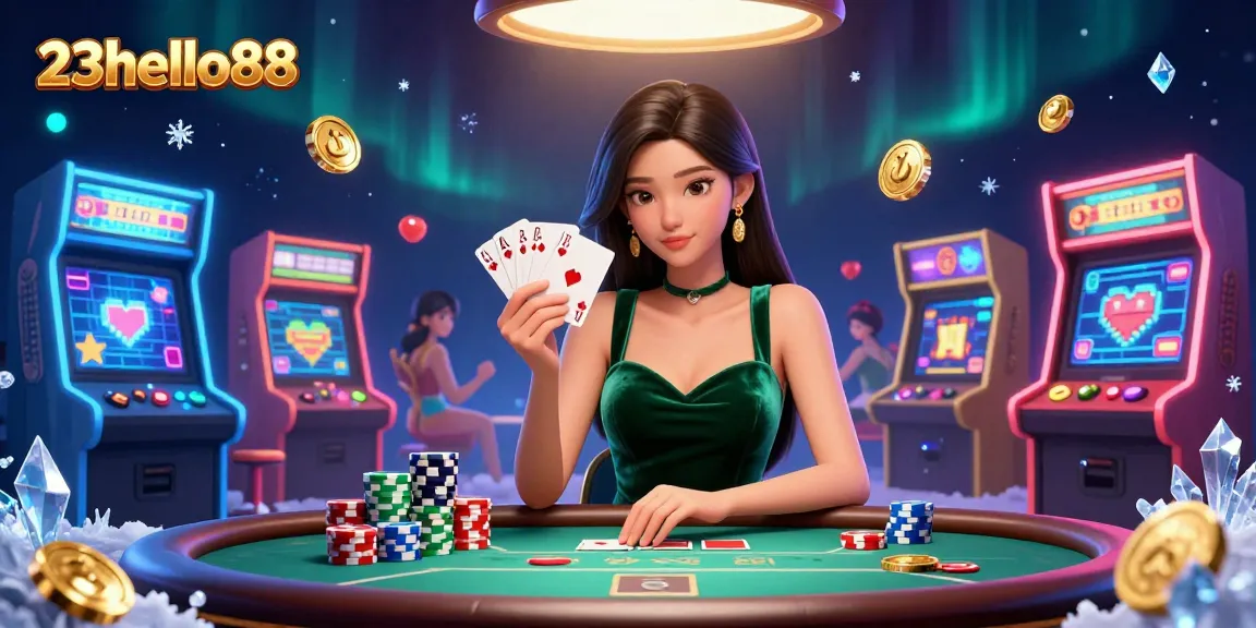 Experience thrilling poker action at 23hello88 with vibrant casino elements and a stunning dealer.