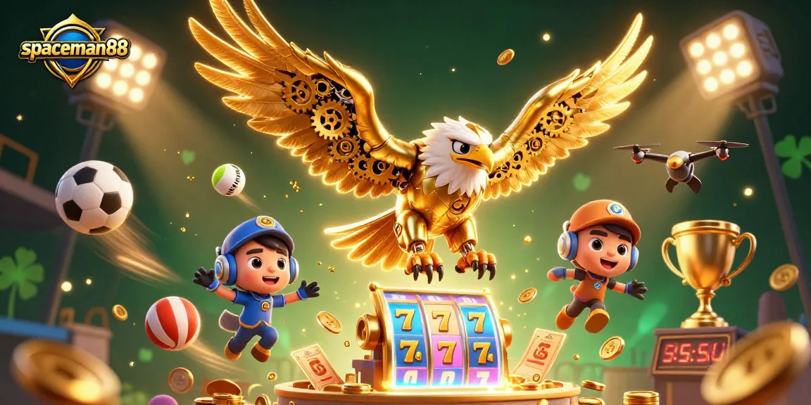 Engage with spaceman88's vibrant casino universe, showcasing a dynamic 3D eagle amid spinning slot reels.
