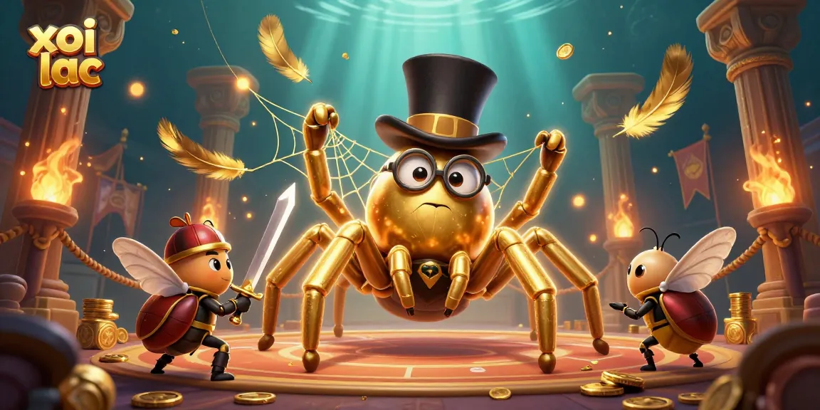 Watch xoi lac as a golden tarantula weaves a majestic web within a vibrant casino scene.
