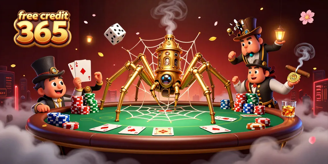 Engage in a vibrant casino scene with free credit 365 playing poker, featuring a steampunk spider and intriguing game elements.