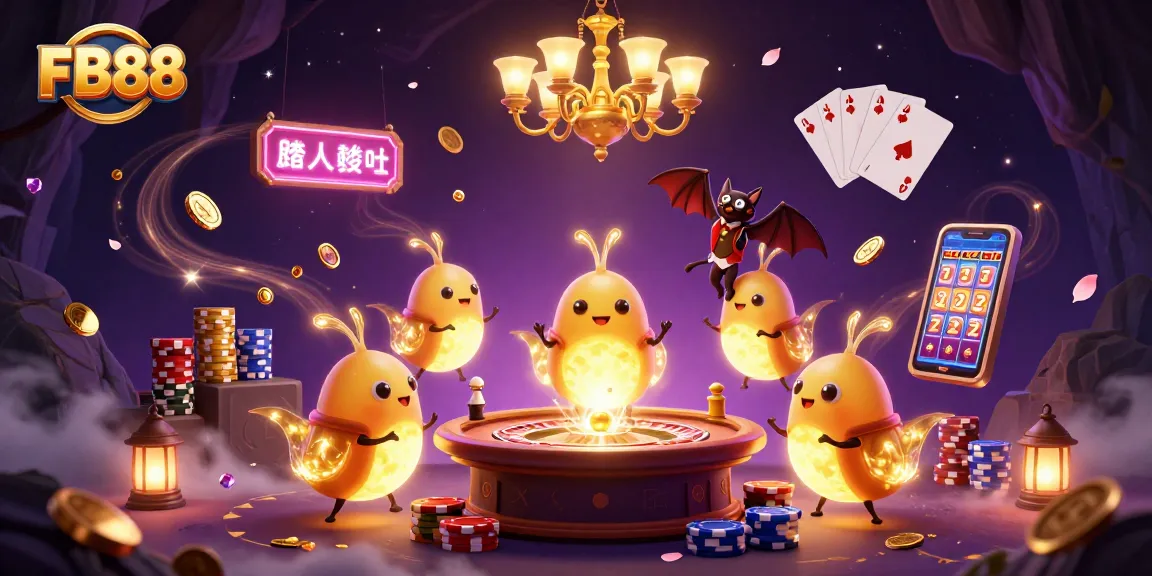 Experience excitement at FB88's vibrant cave casino illuminated by glowing characters and rich game elements.