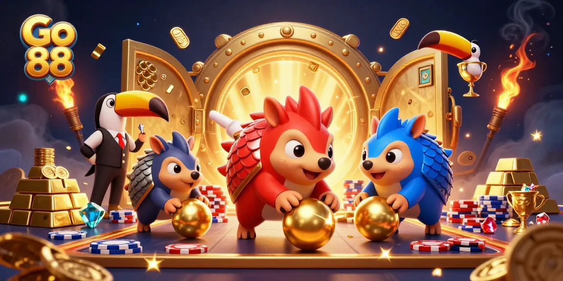 Experience thrilling gameplay with Go 88, as rival pangolins roll into golden treasures among poker chips.