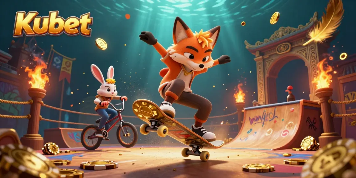 Kubet brings excitement to life with a skateboarder fox and BMX rabbit in a dynamic casino scene.