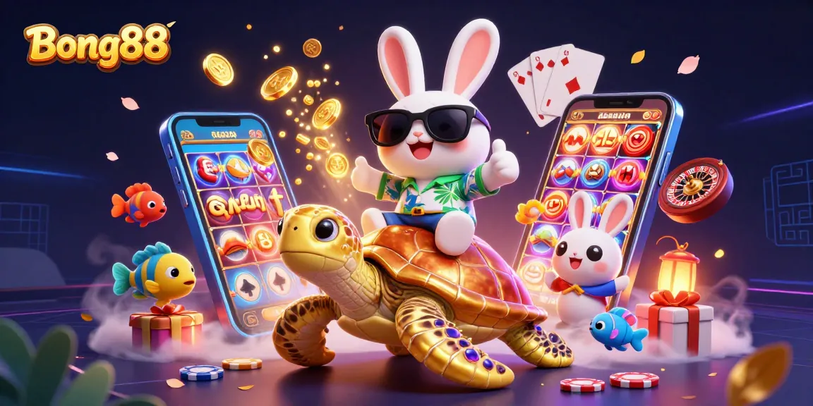 Experience thrilling wins at Bong88 with vibrant slots and casino games in a fun-filled illustration.