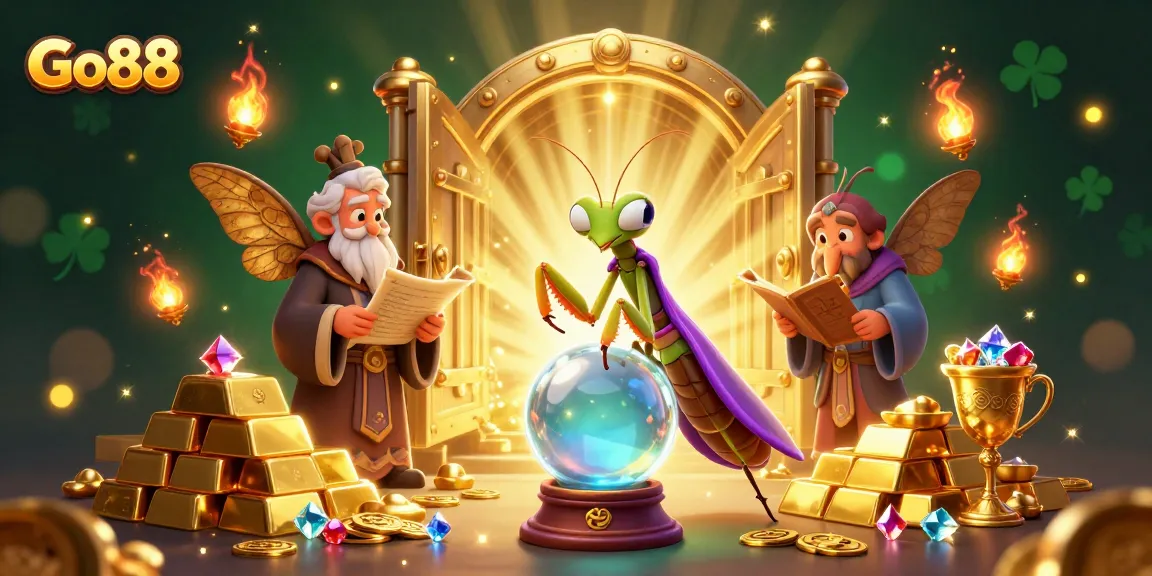 Engage with Go88's thrilling games as a fortune teller peers into a crystal ball amid treasures.