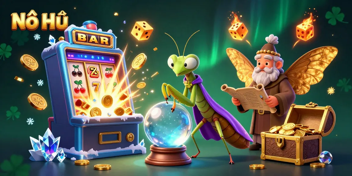 Nổ Hũ players experience exhilarating wins and jackpots with a dynamic scene of fortune tellers and slot machines.