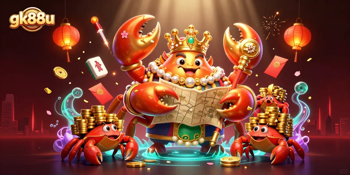 Experience the excitement of gk88u with a vibrant 3D casino scene featuring a golden crab emperor and treasure!