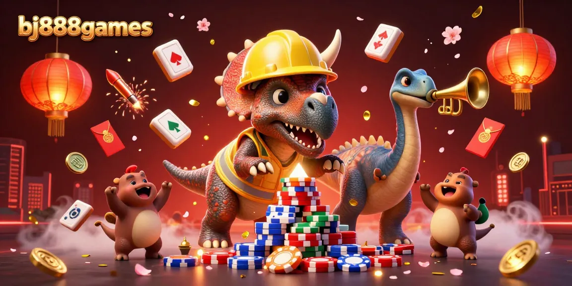 Experience the excitement at bj888games with a vivid scene of cartoon dinosaurs celebrating at a casino.