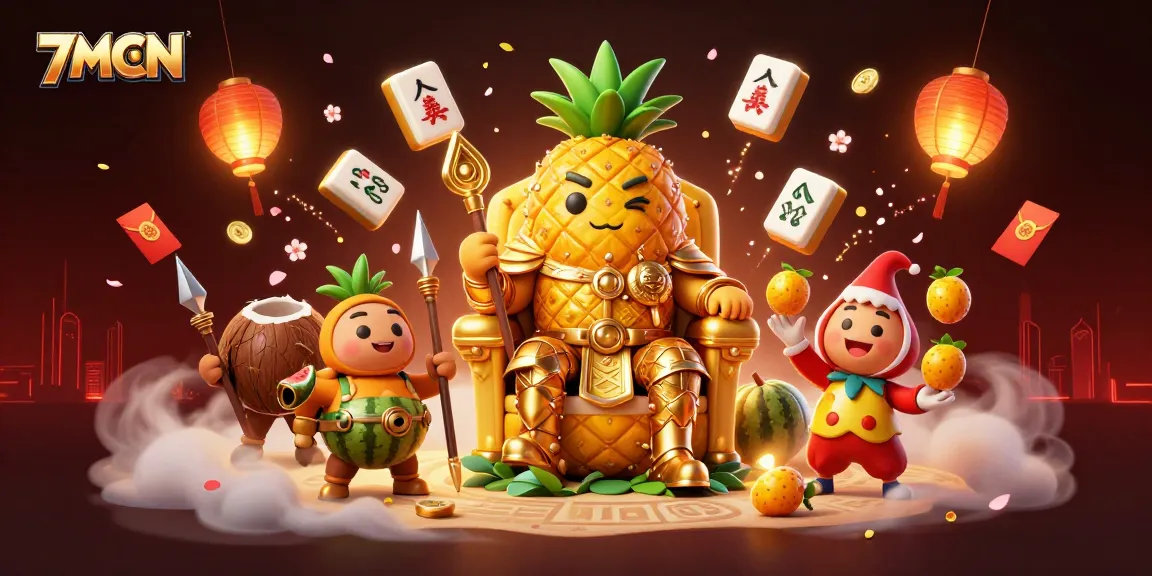 Experience exciting moments at 7MCN with the lively casino scene featuring a golden pineapple king and dazzling elements.