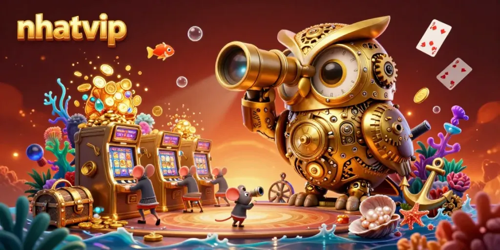 Experience the excitement of nhatvip with the golden owl surveying a lively casino scene filled with treasure and animated characters.