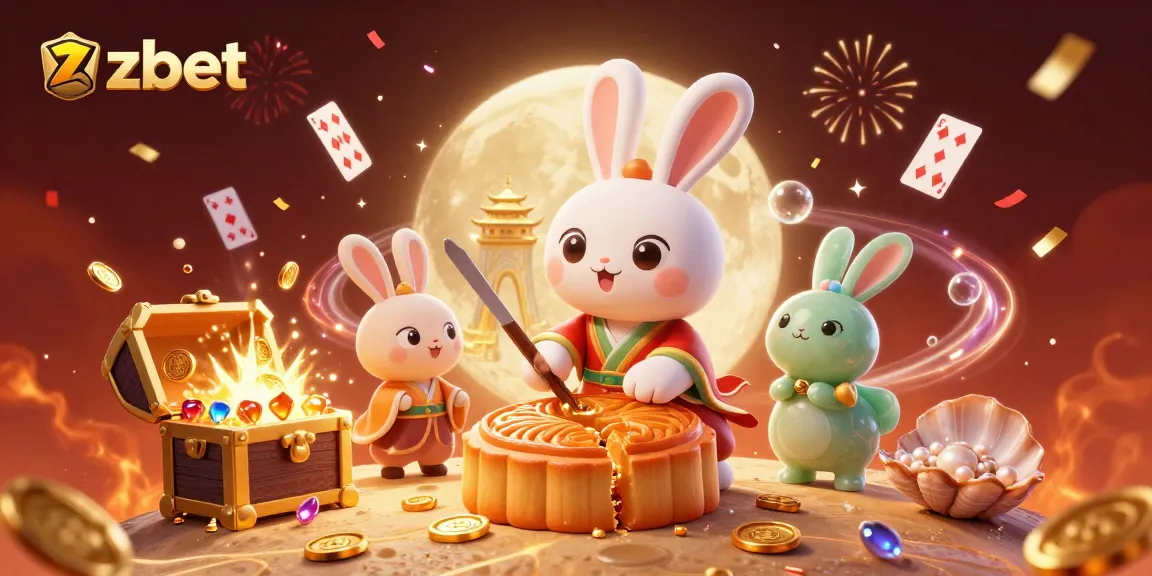 Zbet's animated 3D scene showcasing a moon rabbit creating mooncakes filled with poker chips, celebrating casino excitement.