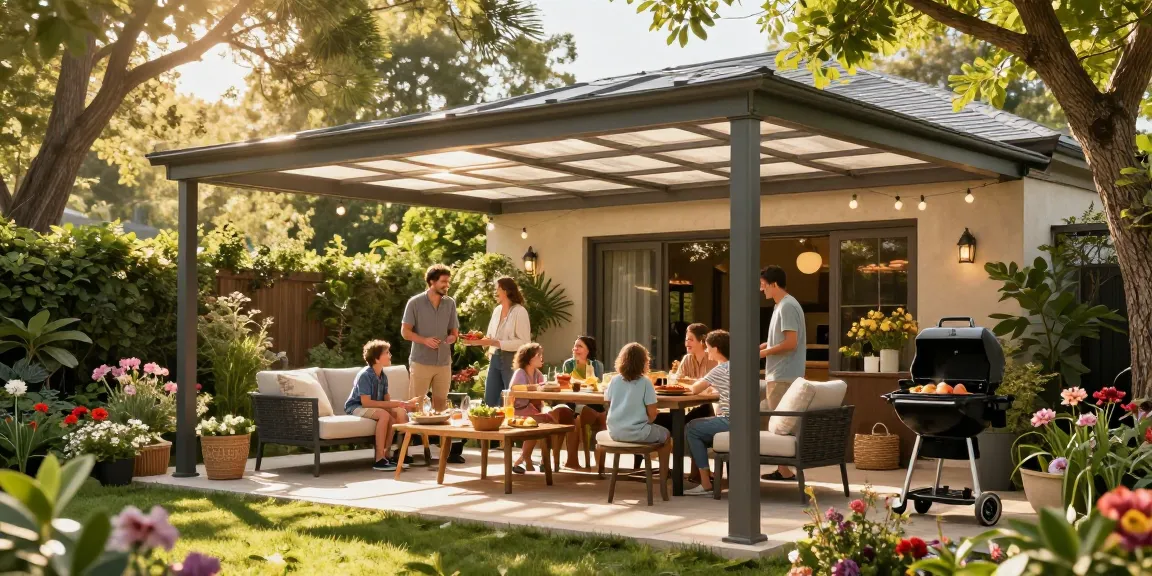 Freistehende Terrassenüberdachung im Garten mit Familie, Grill und einer einladenden Atmosphäre
