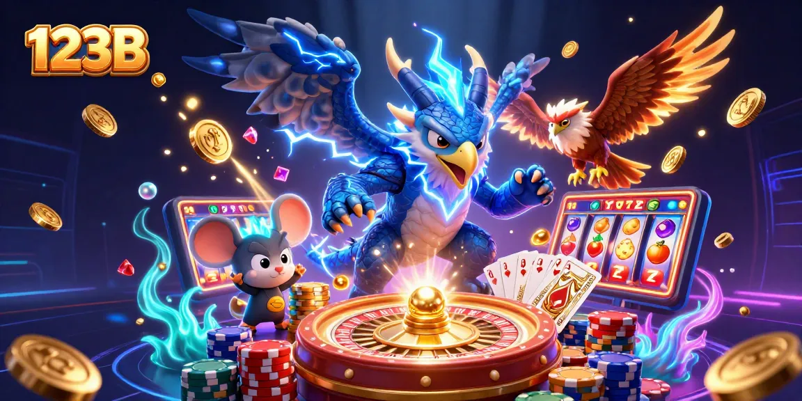 Experience the thrilling action of 123B as cascading coins and vibrant slot reels create an exciting gaming atmosphere.