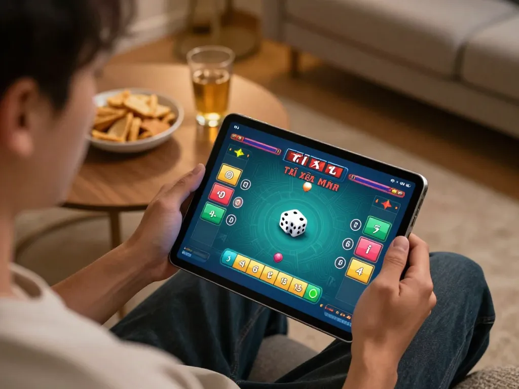 Engaged in an online tài xỉu game, showcasing strategic betting and relaxed home setting.