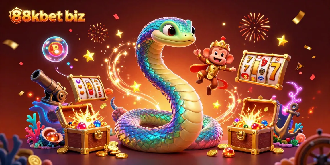 Engage with the 88kbet biz dynamic 3D casino scene filled with vibrant characters, gold, and slot game elements.