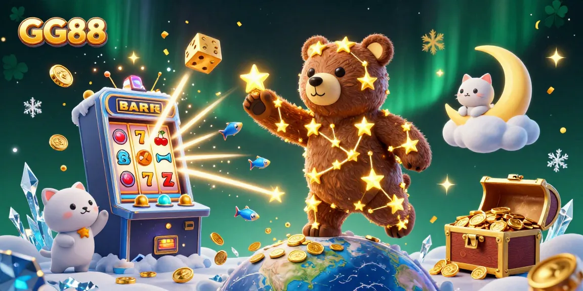 GG88 showcases a vibrant casino-themed illustration, filled with slot machines and animated characters, promising a thrilling gaming experience.