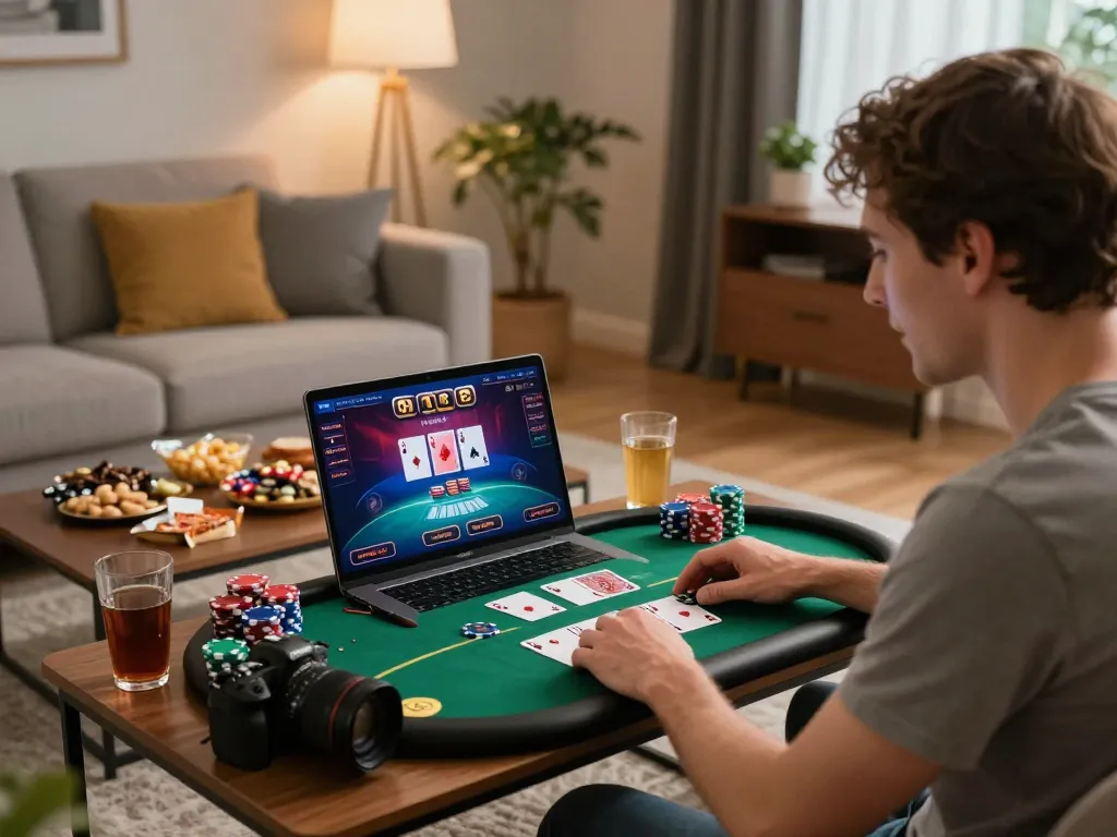 fun88 player engaged in an exciting online poker game at home, showcasing dynamic cards and chips in a cozy living room