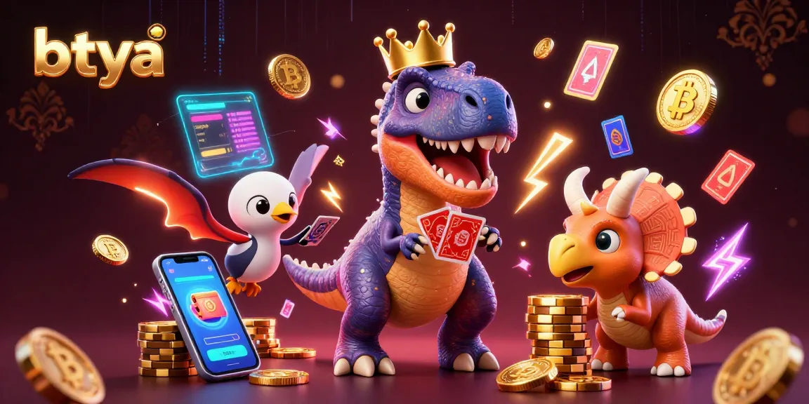 Experience the adventure of betya with a T-Rex shuffling cards in a vibrant casino setting.