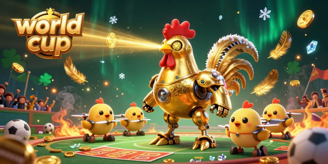 Engage in world cup betting excitement with golden rooster robot and baby chick drones.