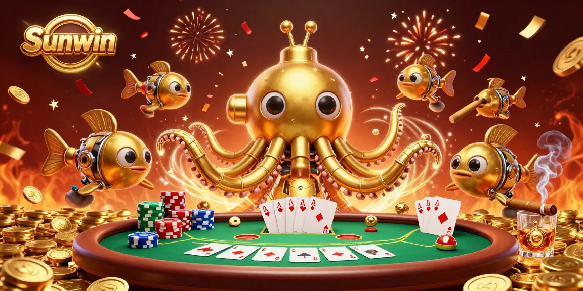 Experience thrilling gambling adventures with Sunwin at this vibrant casino-themed illustration filled with gold coins and poker elements.