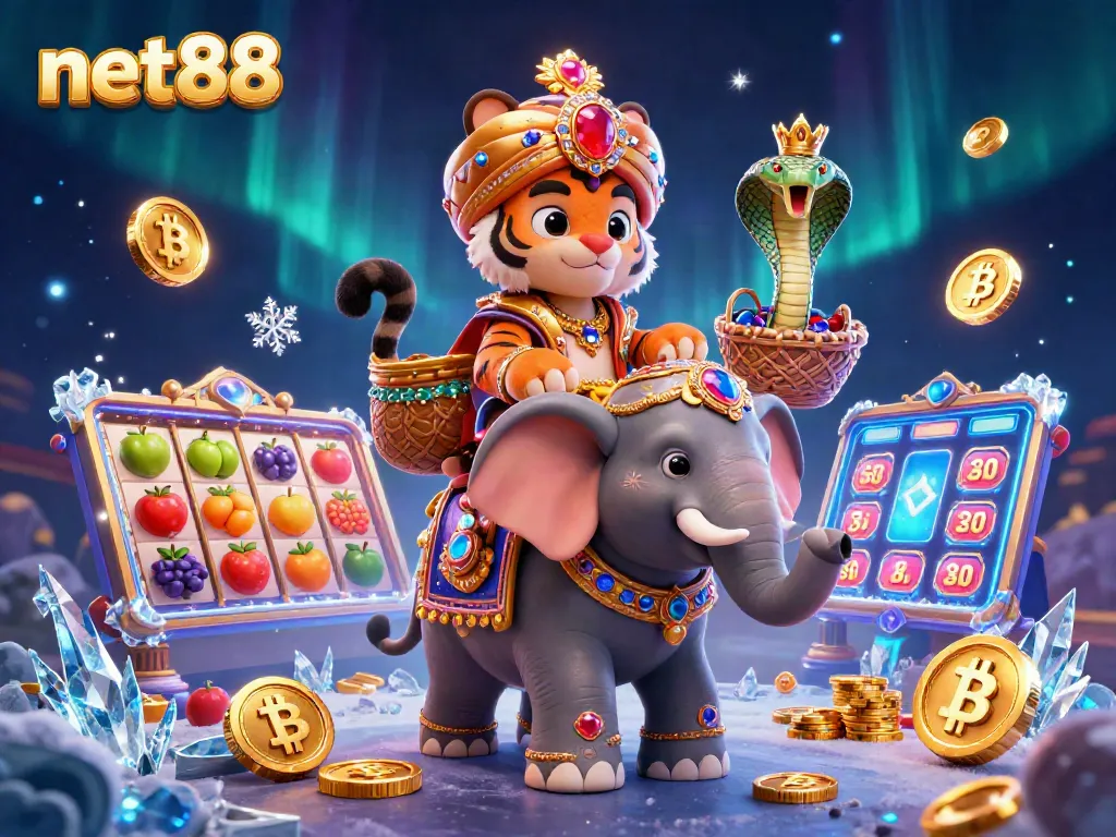 Engage with net88's vibrant online casino experience through an exciting 3D illustration featuring slot elements and characters.